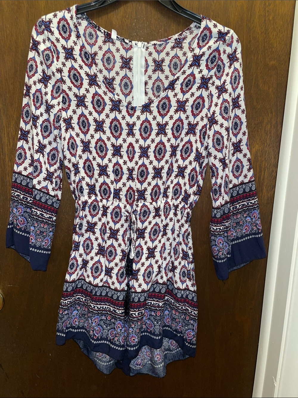 Size S boho style rayon romper-red, white and blue print